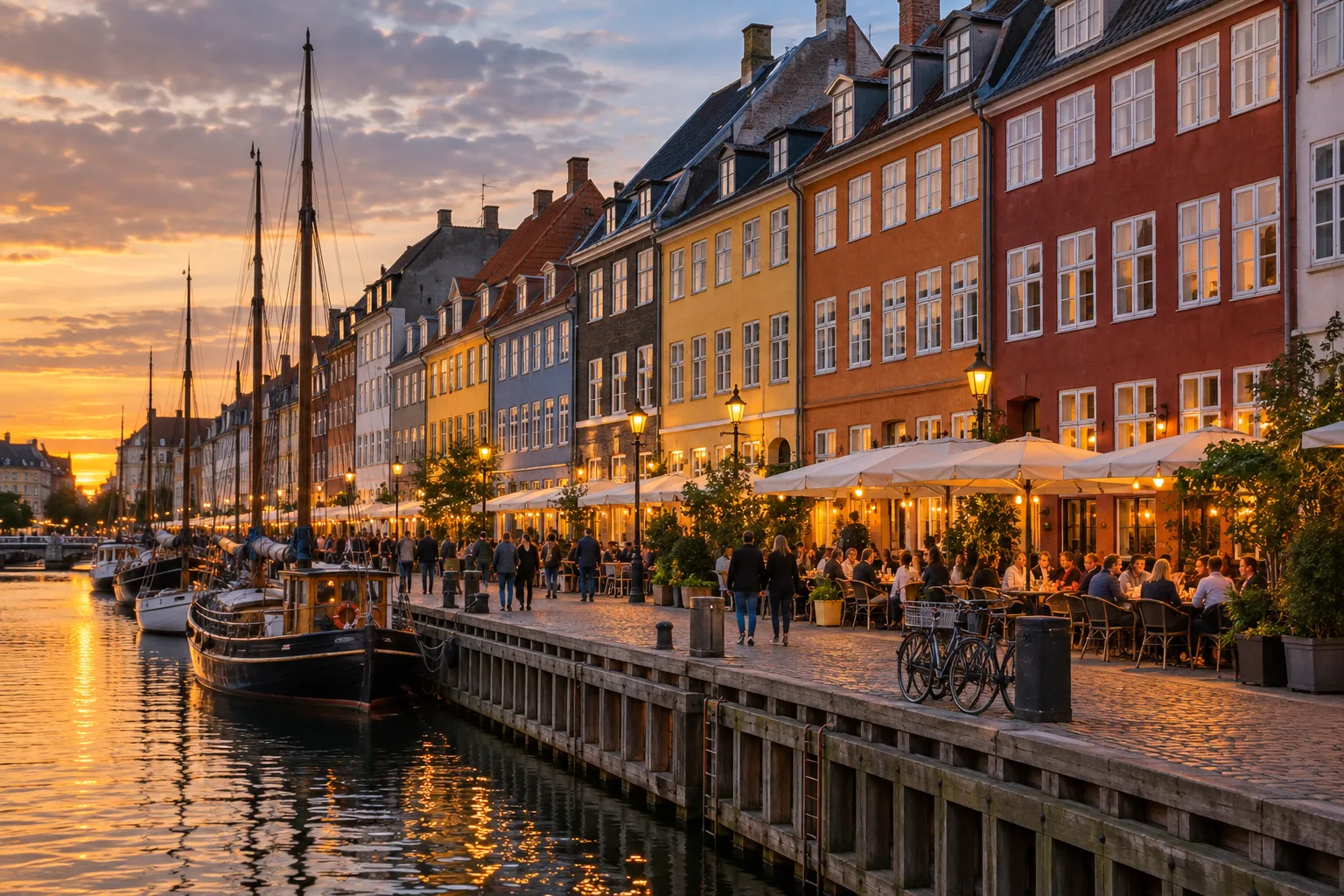 Evening street with colorful buildings and warm cafe lights
