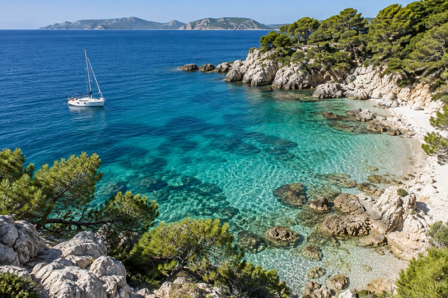Sailboat near a rocky coastline with detailed water and pine trees