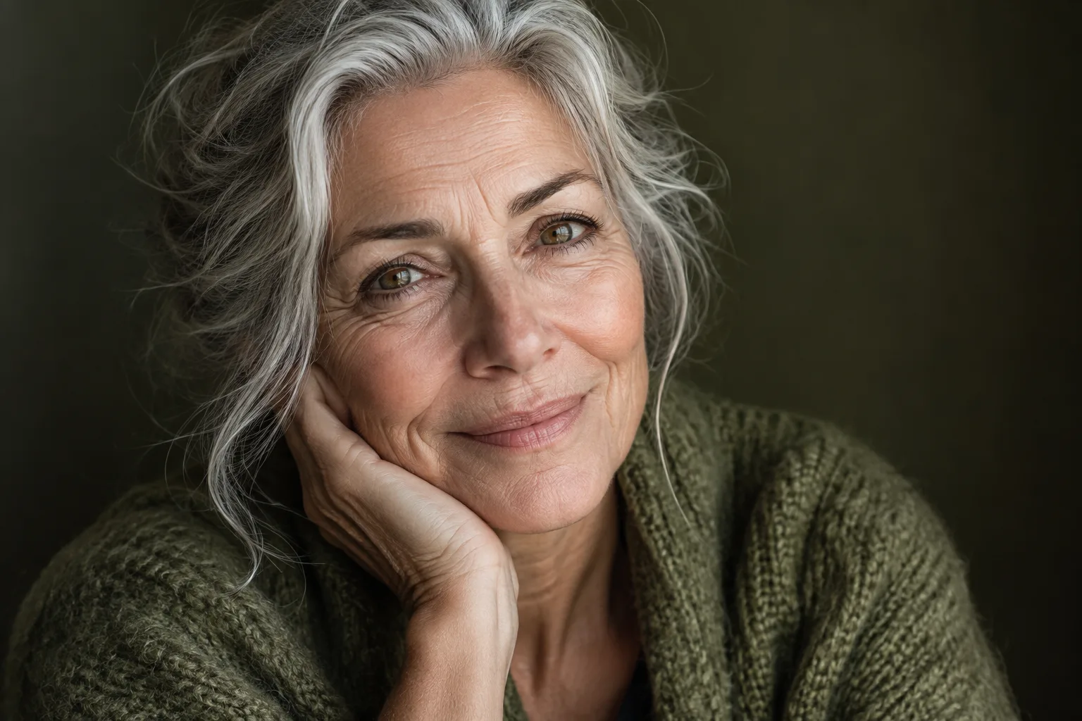 Close-up of a silver-haired woman with natural skin detail