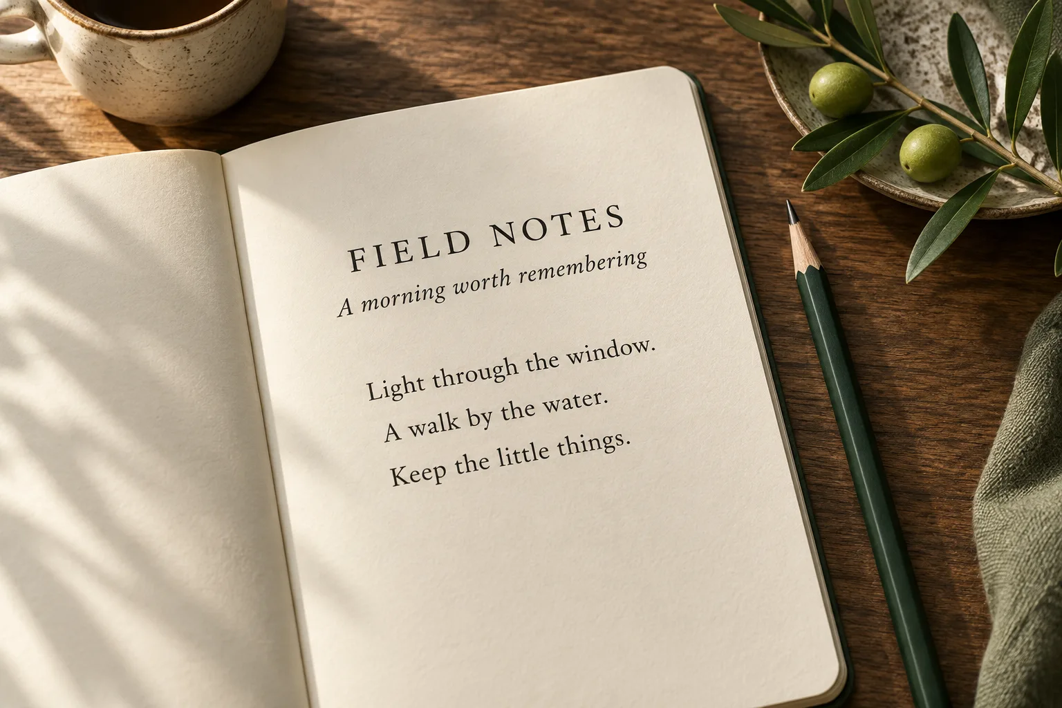 Open notebook with field notes on a walnut desk