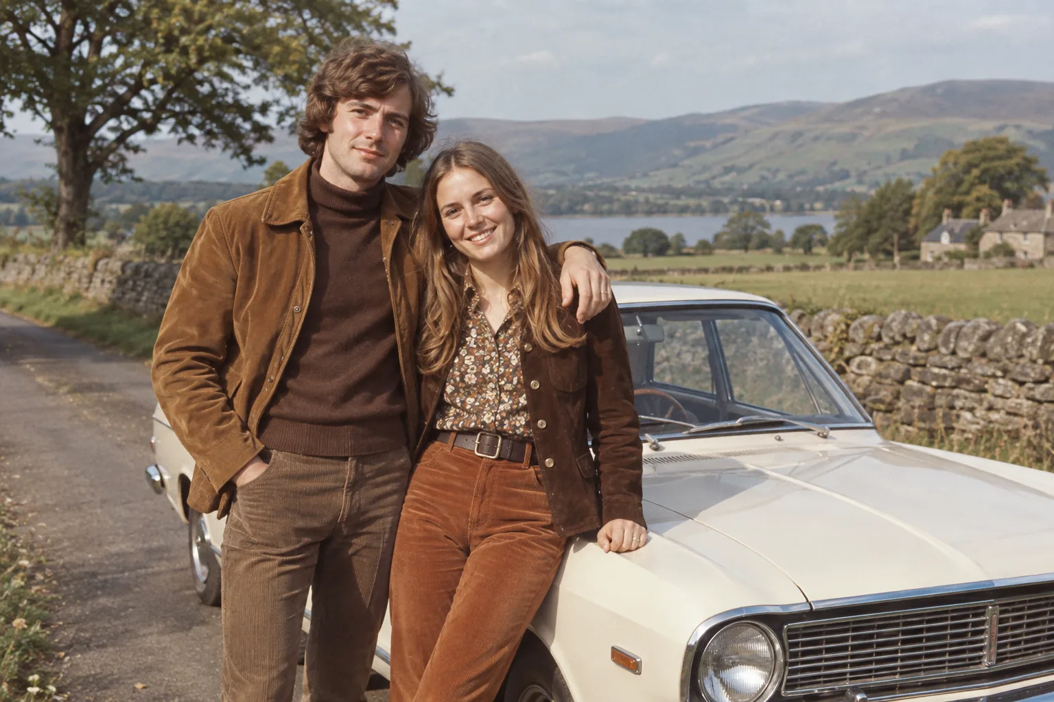 Vintage-style photo of a couple beside a cream car