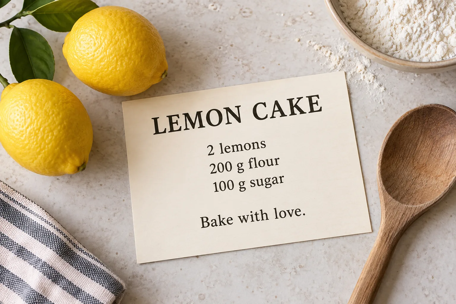 Lemon cake recipe card beside lemons and a wooden spoon