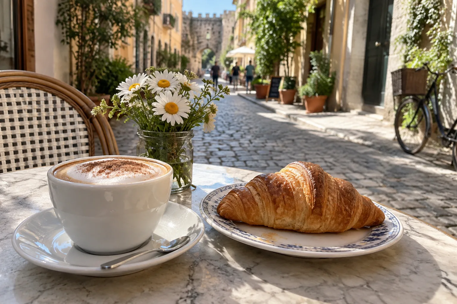 Coffee and pastry on an outdoor cafe table