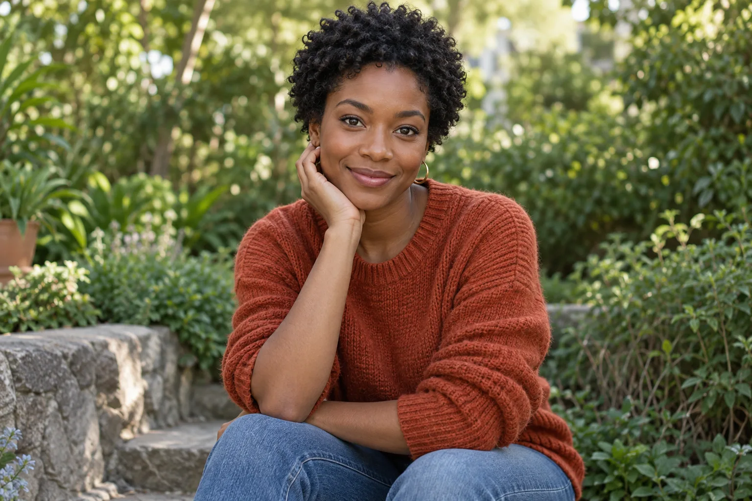 Portrait of a woman with short curls in a rust sweater