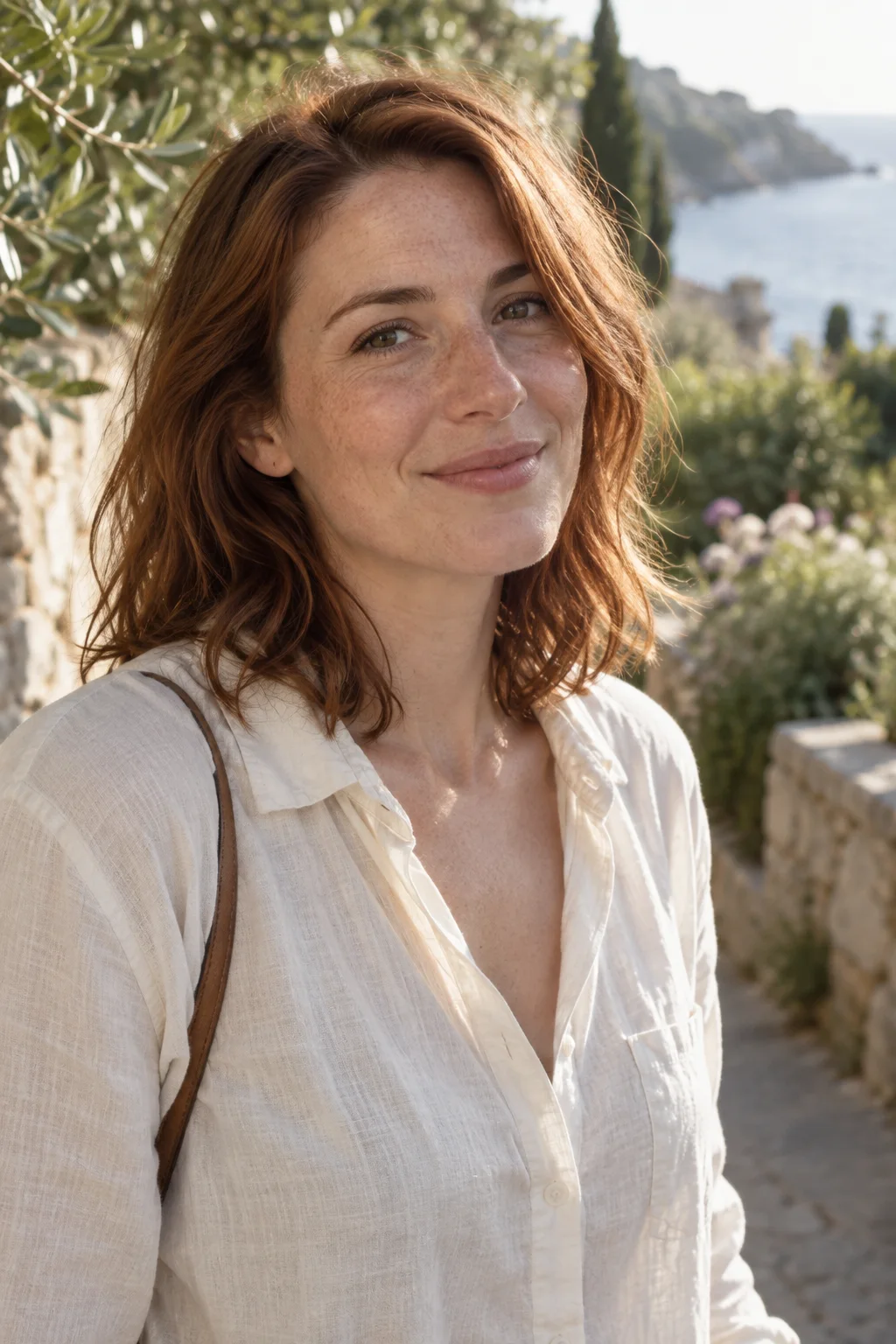 Candid portrait of an auburn-haired woman in a sunlit coastal garden