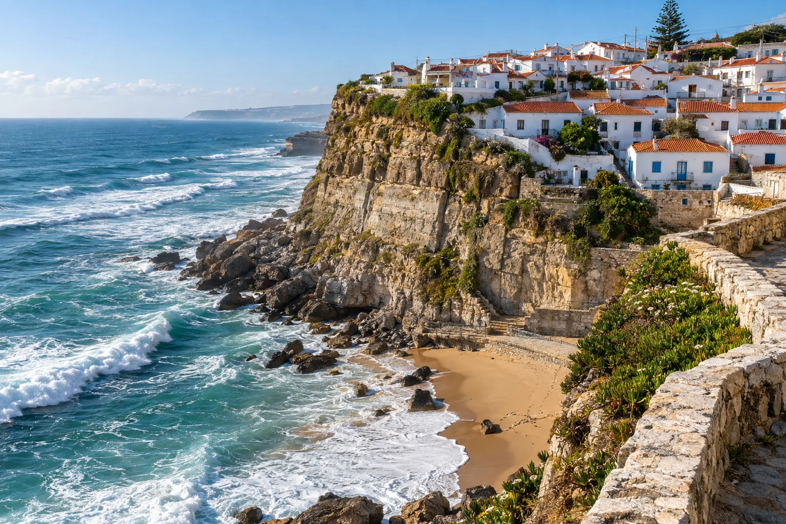 Coastal village above blue Atlantic waves