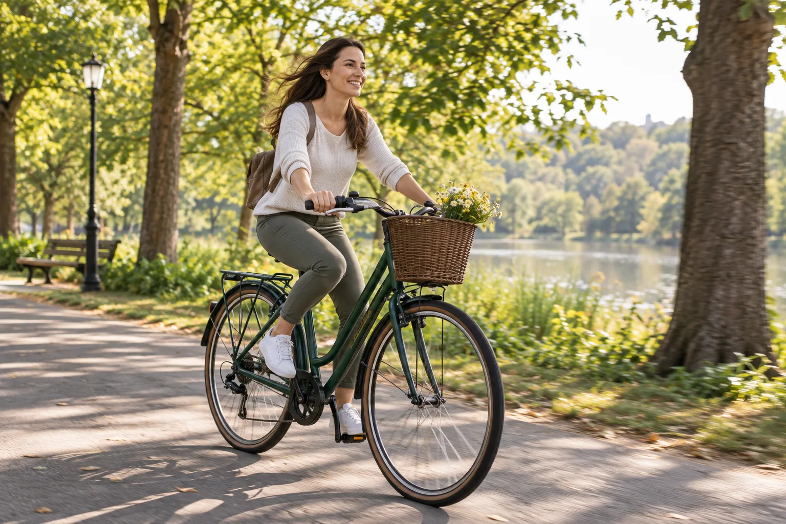 Cyclist riding along a sunlit park path