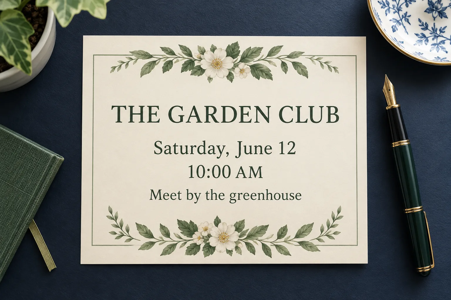 Printed garden club invitation on a navy desk