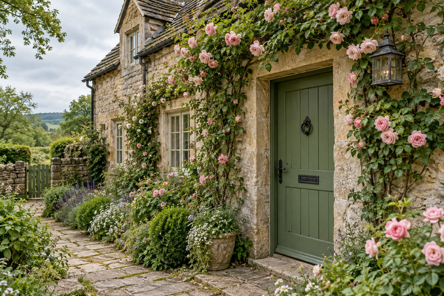 Stone cottage with climbing roses and a green door