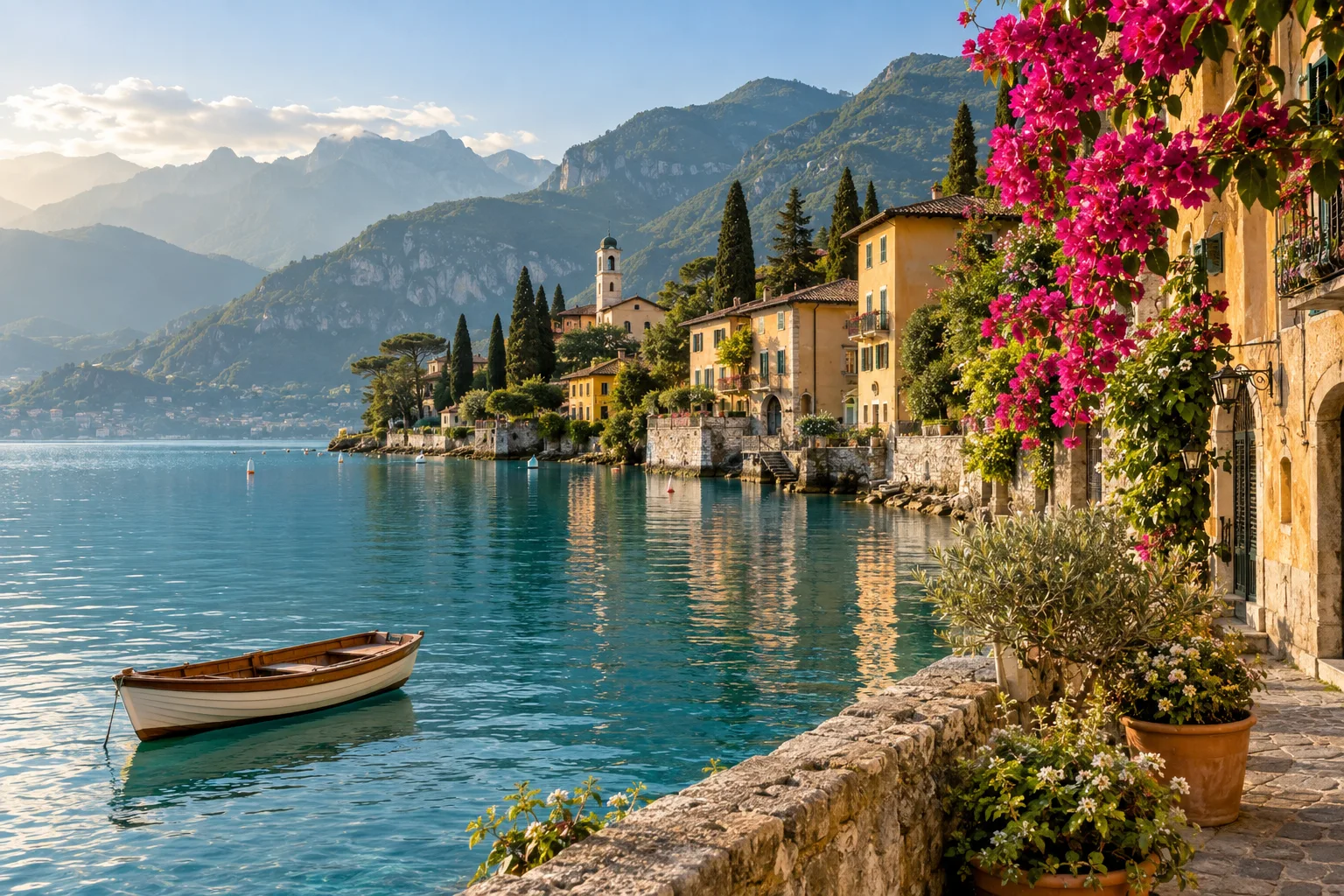 Lakeside village with stone houses and distant mountains
